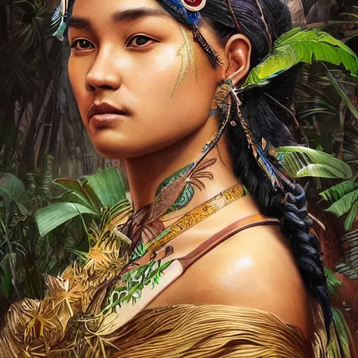 Image similar to A Pacific Islander Ruler, facial tattoos, artists portrait, wild jungle, fantasy, highly detailed, digital painting, concept art, sharp focus, depth of field blur, illustration, art by artgerm and greg rutkowski and alphonse mucha