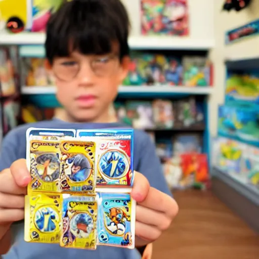 Image similar to boy showing his pokemon cards to the camera.