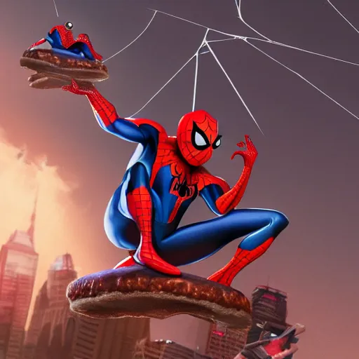 Image similar to spider - man ride on the raccoon and eating donuts, concept art, trending on artstation, highly detailed, intricate, sharp focus, digital art, 8 k