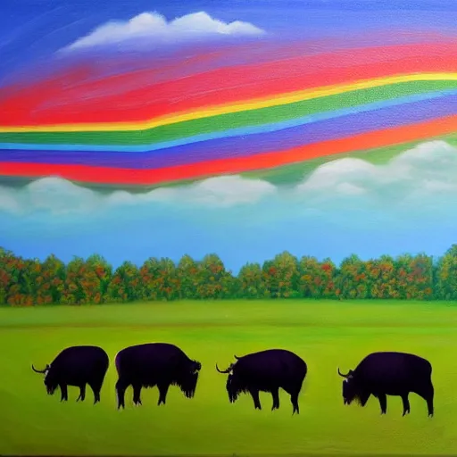 Image similar to buffalos grazing a field of umbrellas with a waterfall and a rainbow in the background, oil on canvas