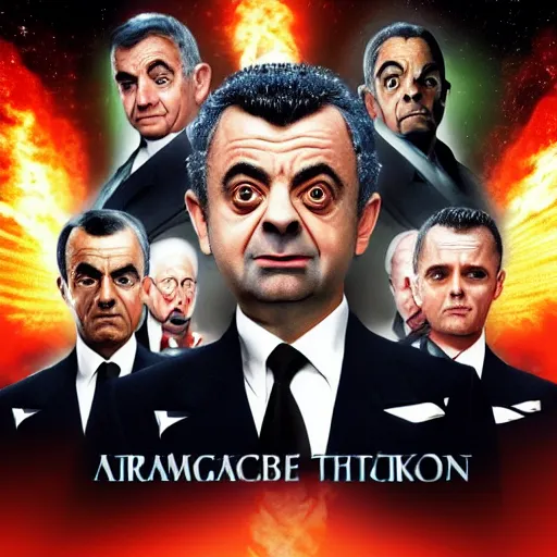 Image similar to armageddon movie poster with all characters faces swapped with rowan atkinson, high detail, realistic, 4 k