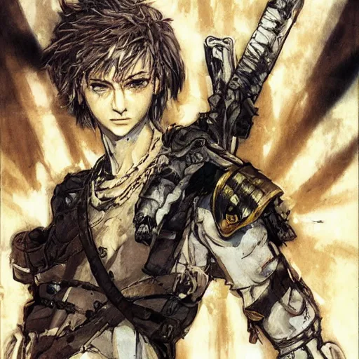 Image similar to portrait of a young white hero using his right arm to hold his sword covering his eye by yoji shinkawa, high quality, extra details, realism, ornate, colored, golden chain, blood, white skin, short hair, brown eyes, vivid, sunlight, headband, eyepatch, white american soldier, painting, cybernetics, military