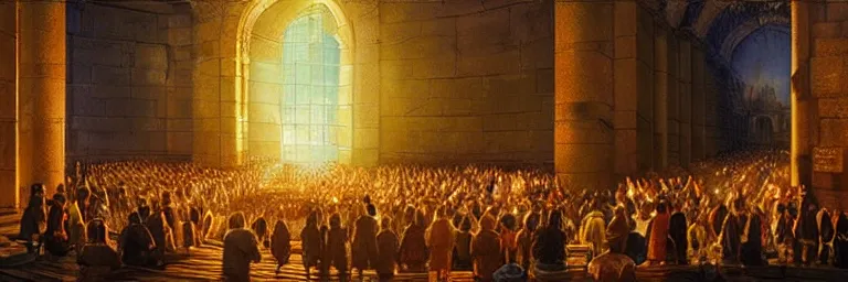 Image similar to a crowd of worshipers praying to a portal to heaven, by James Gurney, luminous lighting, cinematic, panoramic, aspect ratio 1:3