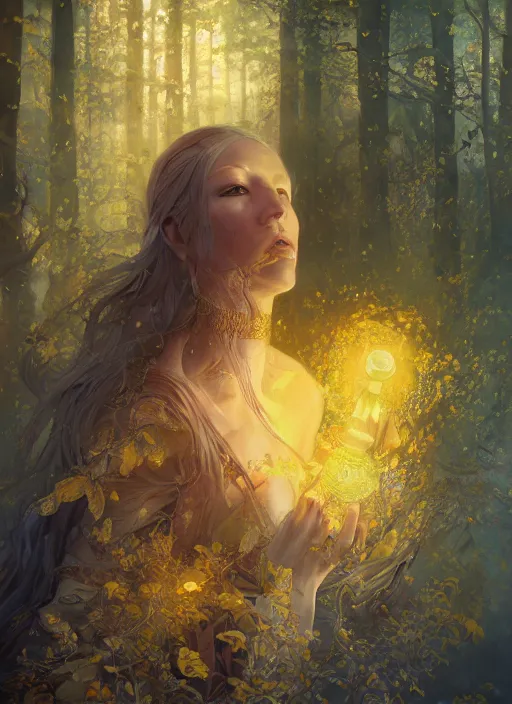 Image similar to intricate oil painting portrait by Anna Dittmann depicting a stunning female fantasy cleric in a bright temple surrounded by yellow spring forest and dead trees, evening, atmospheric lighting, intricate detail, cgsociety, hyperrealistic, octane render, RPG portrait, ambient light, dynamic lighting