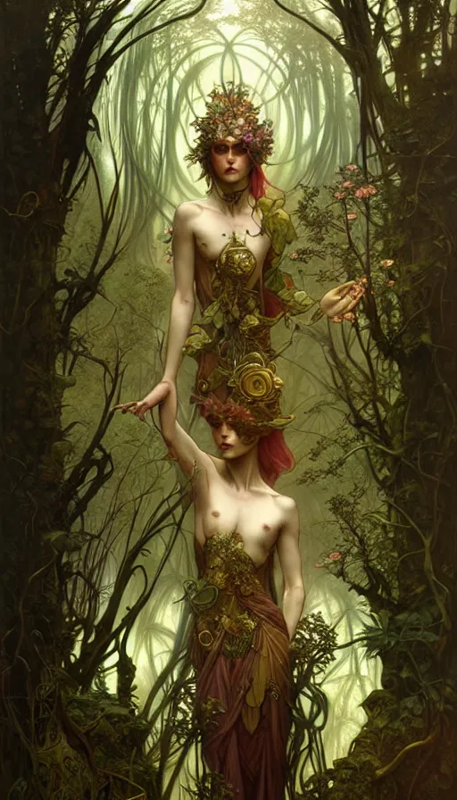 Image similar to consciousness concept art, lush forest, magic, gnarly details, gold, gems, dramatic lighting, denoised, painted by tom bagshaw, alphonse mucha