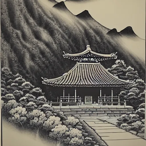 Image similar to zen temple on the mountain, ink