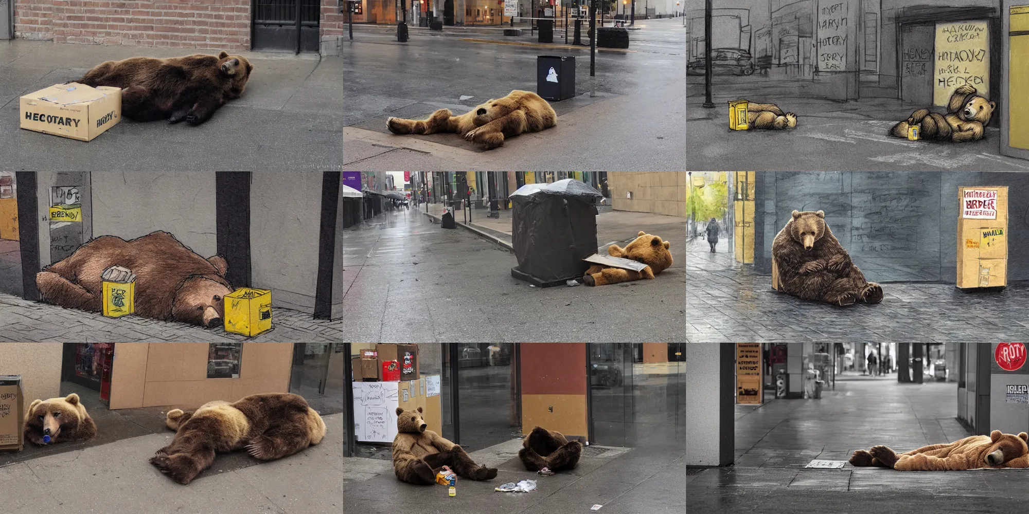 Prompt: hyper - realistic anthropomorphic bear homeless laying in a dark rainy street corner under carton boxes, honey dispensary