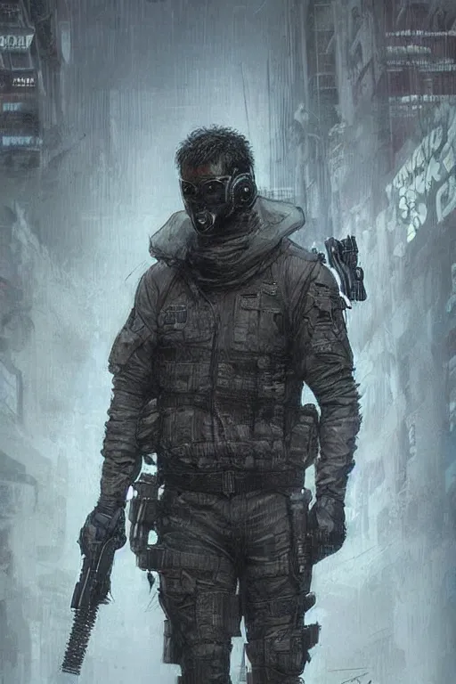 Image similar to ghost. Buff blackops mercenary in near future tactical gear and cyberpunk headset. Blade Runner 2049. concept art by James Gurney and Mœbius.