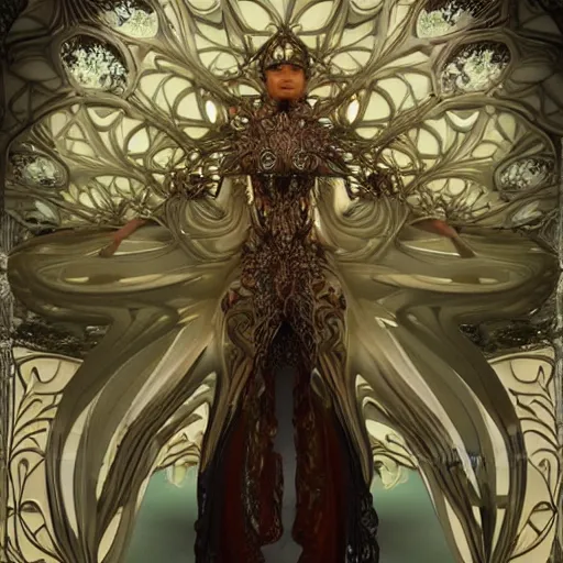 Prompt: dmt elf by zaha hadid, rick owens and alphonse mucha. highly detailed, hyper - real, very beautiful, intricate fractal details, very complex, opulent, epic, mysterious, polished, futuristic design, trending on deviantart and artstation