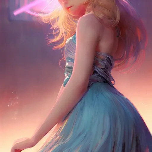 Image similar to a photorealistic dramatic fantasy render of adorable young girl with blonde hair and blue eyes, in pink mini skirt, by wlop, artgerm, greg rutkowski, alphonse mucha, beautiful dynamic dramatic dark moody lighting, shadows, cinematic atmosphere, artstation, concept design art, octane render, 8 k