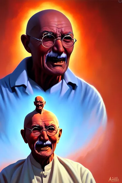 Image similar to portrait of crazed!!! nuclear!!!!!! ghandi!! statue by artgerm, rhads