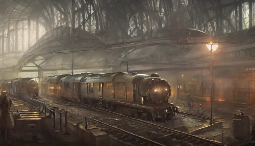 Image similar to Dieselpunk railway station, anamorphic lens, steam, epic composition, intricate, elegant, volumetric lighting, digital painting, highly detailed, artstation, sharp focus, illustration, concept art, ruan jia, steve mccurry