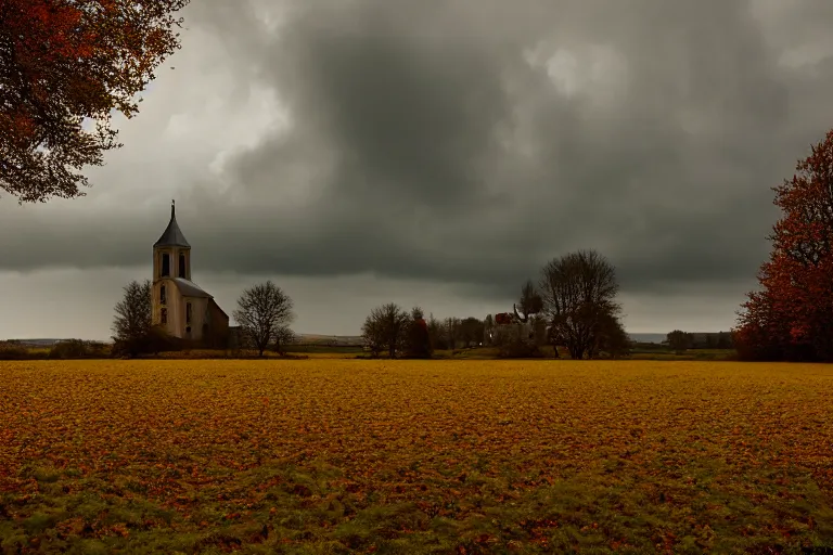 Prompt: Sprawling autumn landscape with church ruins in the french countryside, bocages, sparse bare trees, stormy skies, ARRI ALEXA Mini LF, ARRI Signature Prime 40 mm T 1.8 Lens, 4K film still from the movie 1917 by Sam Mendes, Roger Deakins,