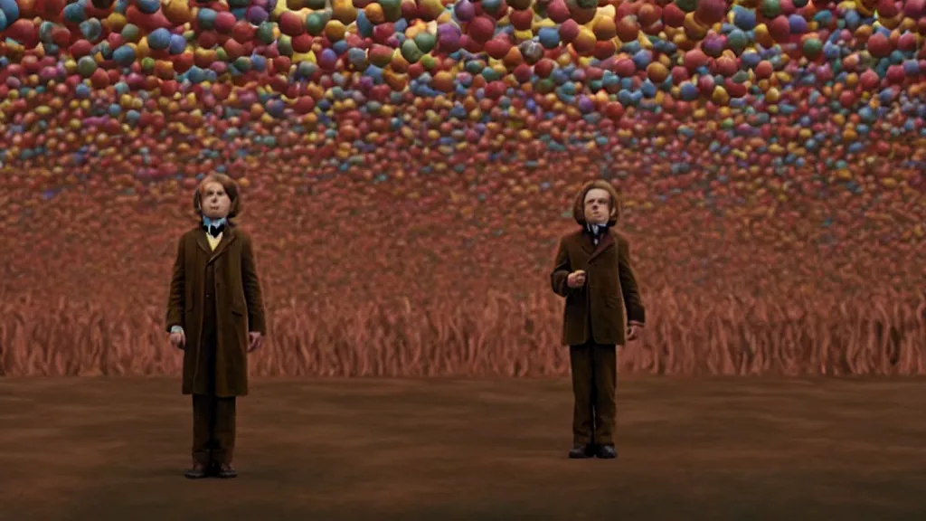 Image similar to Charlie in Willy Wonka’s chocolate factory, film still from the movie directed by Denis Villeneuve with art direction by Zdzisław Beksiński, wide lens