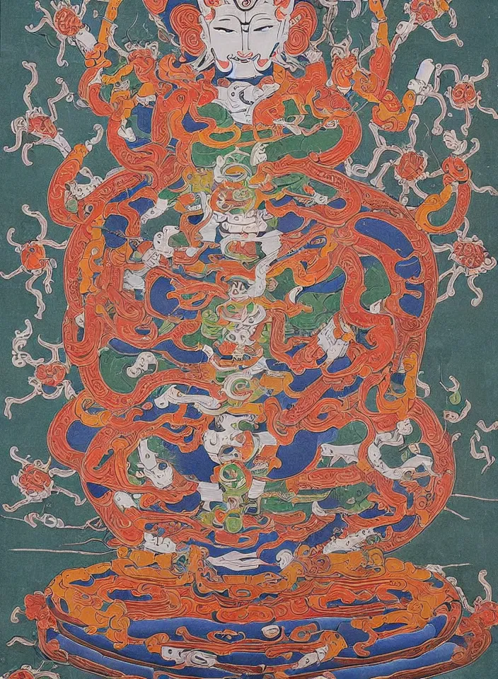 Image similar to a painting portraying a many-limbed many-headed cybernetic Yamantaka, traditional tibetan ART, boddhisatva