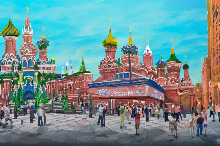 Prompt: painting!! street view panorama of 4 teatral'nyy proyezd disney ( russia moscow ) background keyart gouache acrylics visible bristol strokes