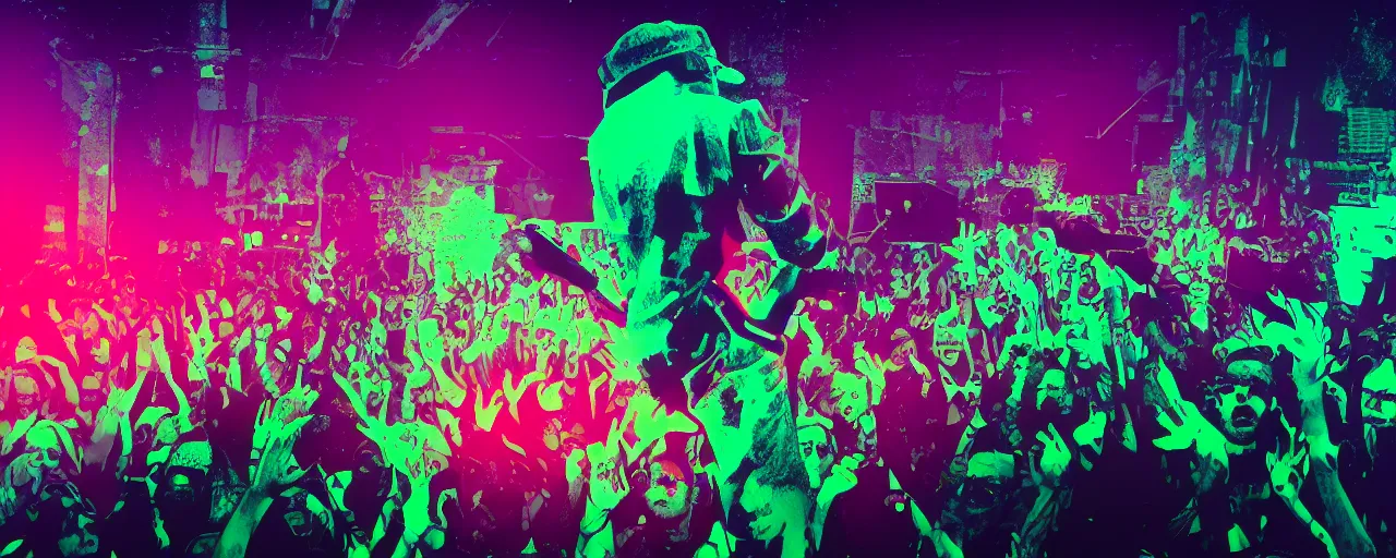 Prompt: rapping into microphone, silhouette, huge crowd, neon soaked, hip hop, digital art, trending on Artstation, professional artist, detailed, 4k