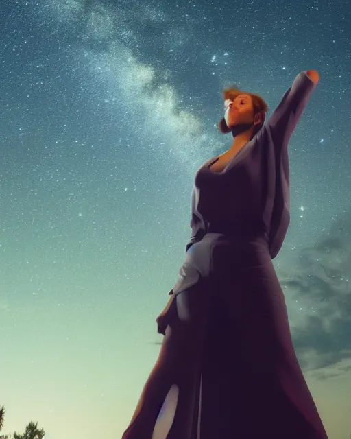 Image similar to kipo standing under the stars with an arm raised to the night sky, in professional makeup, dramatic lighting, by radford sechrist, 4 k, trending on artstation