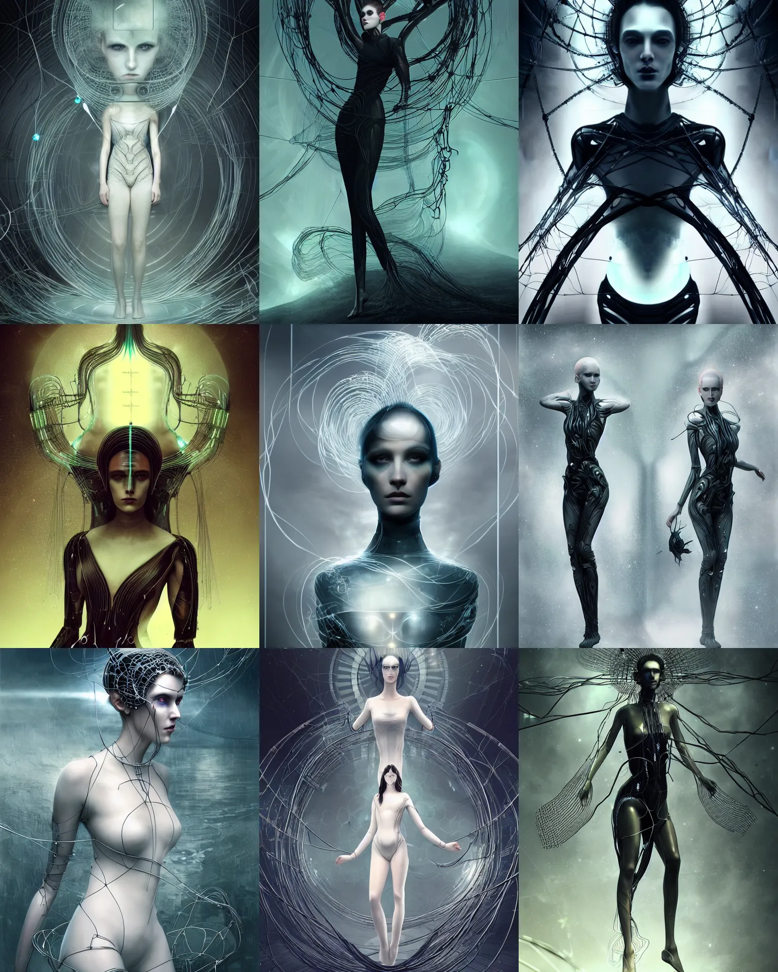 Prompt: charlie bowater and tom bagshaw symmetrical full body character portrait of the borg queen of sentient parasitic flowing ai, floating in a powerful zen state, avant garde fashion model, beautiful and ominous, wearing bodysuit made of wires and fractal electronics, machinery enveloping nature in the background, artstation scifi character digital concept, unreal engine, hyper realism, sharp focus