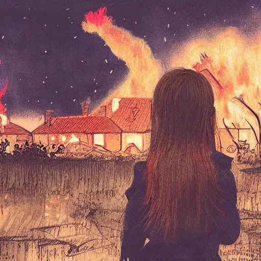 Image similar to young girl watching an old victorian house burning, the background burning houses, destroyed churches, and red ribbons fly into the black sky