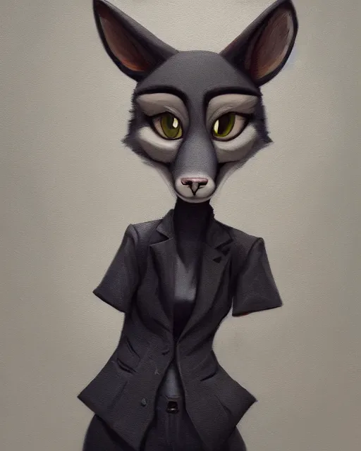 Image similar to oil painting of anthromorphic female wolf, in style of cory loftis, fursona, furry, furaffinity, 4 k, deviantart, furry art, fursona art, wearing black business suit, business suit, in style of zootopia, wolf fursona, cyberpunk, female, very very very expressive detailed feminine face,