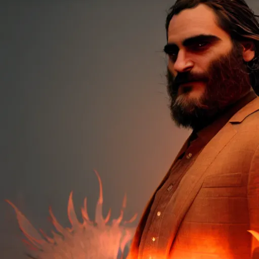 Image similar to picture joaquin phoenix as a mythical phoenix, photorealism, octane render, unreal engine 5, light transport simulation