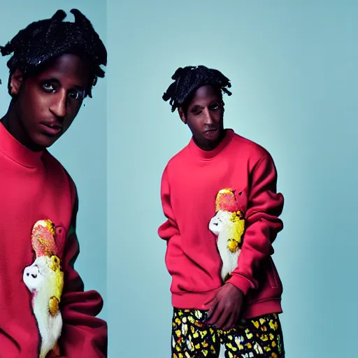 Prompt: a photoshoot of asap rocky wearing golf le fleur, color grading, editorial photography, multispectral imaging, double - exposure, stroboscope