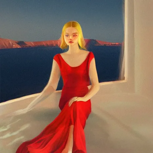 Prompt: Elle Fanning in Santorini at night, head and shoulders portrait, stormy weather, extremely detailed masterpiece, Roger Deakin’s cinematography, illustration, by Edward Hopper,
