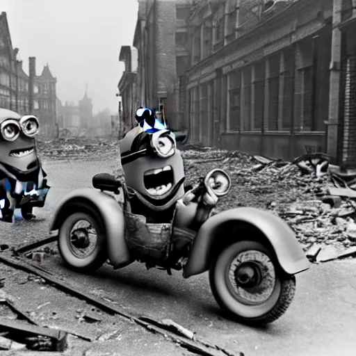 Prompt: minions from despicable me ridding a half - track motorcycle with a single front wheel, better known as the kleines kettenkraftrad hk 1 0 1, in the empty and destroyed london, circa 1 9 3 9, 4 k hd