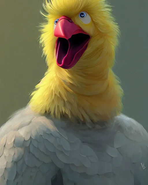 Prompt: Portrait of Big Bird's child, Big Bird morph child morph, digital painting, realistic shaded, realistic shaded lighting, fan art, pixiv, by Ilya Kuvshinov, morph dna, realistic face body morph, magali villeneuve, Artstation, by Jeremy Lipkin and by Michael Garmash and by Rob Rey. Face retouch