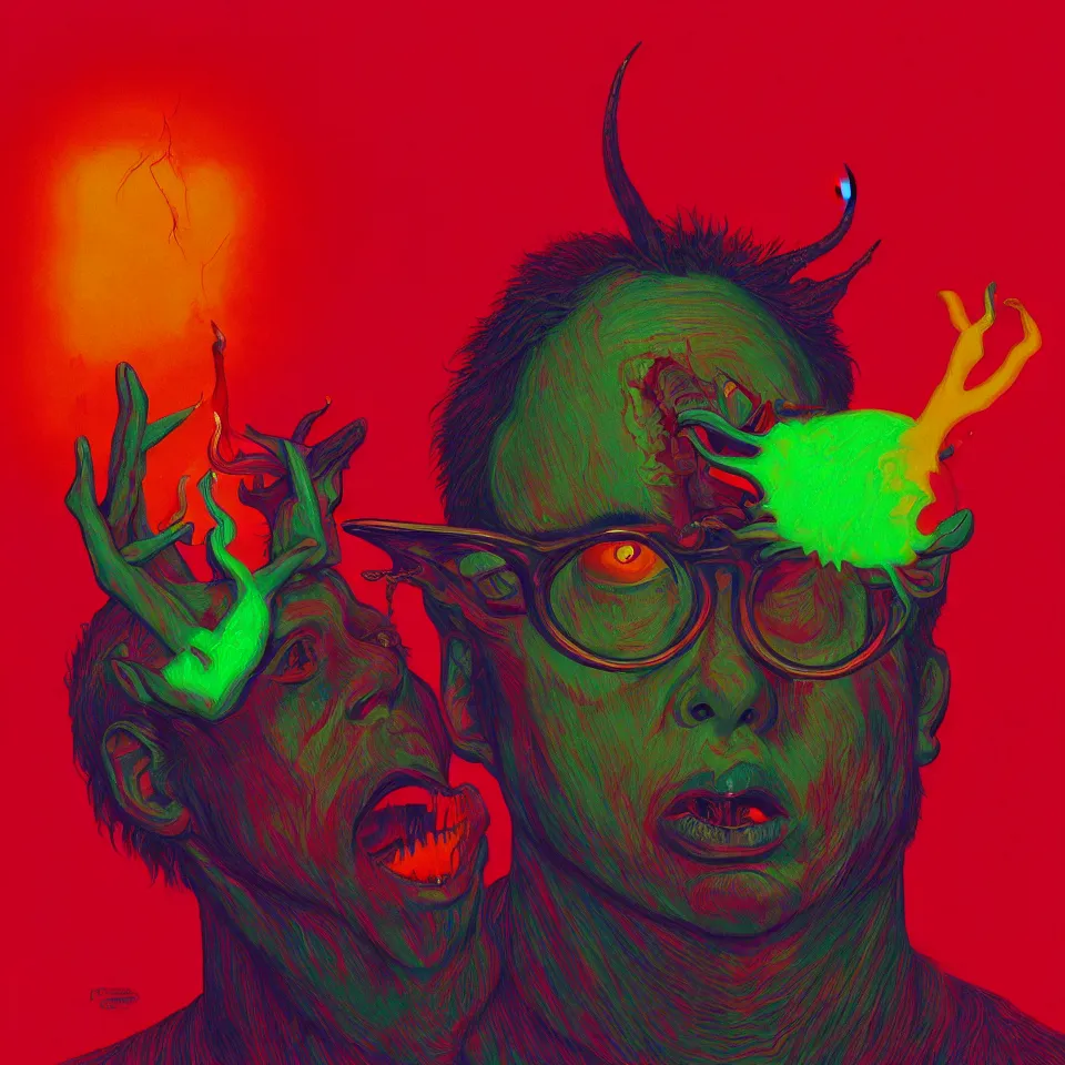 Image similar to bright psychedelic todd solondz eating satan, diffuse lighting, fantasy, intricate, elegant, highly detailed, lifelike, photorealistic, digital painting, artstation, illustration, concept art, smooth, sharp focus, art by francis bacon