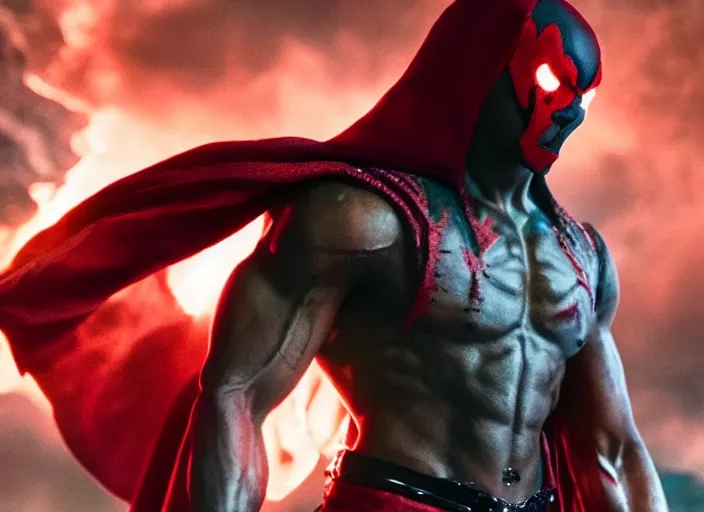 Image similar to film still of michael b jordan as spawn in the new spawn movie, giant chains, large cape, 8 k