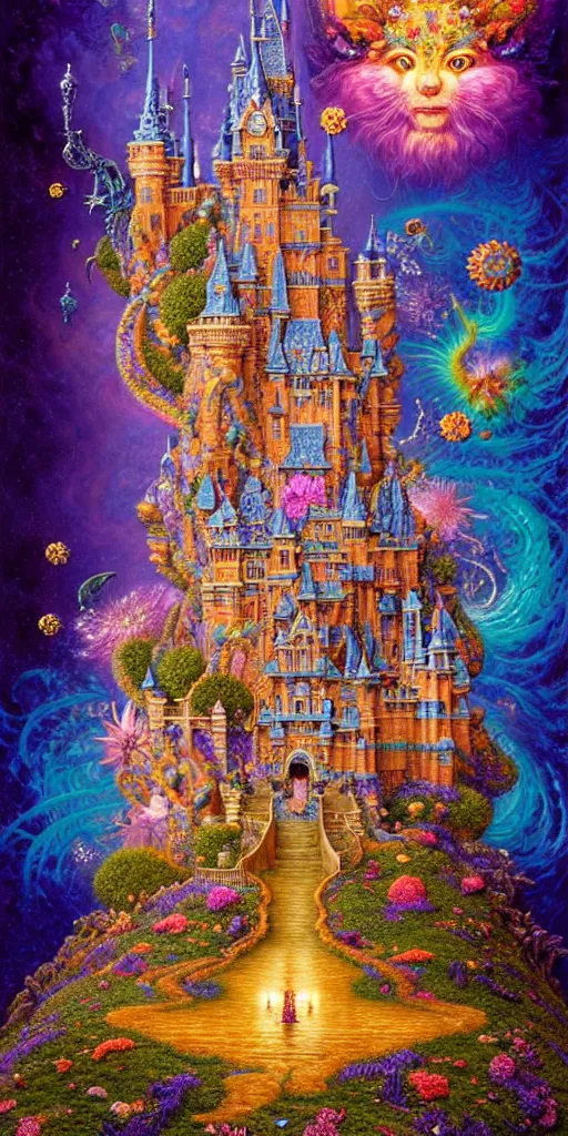 Prompt: intricate detailed fantasy flower Castle Lisa Frank, james gurney,dan luvisi,Petros Afshar,tim hildebrandt,liam wong,Mark Riddick,thomas kinkade,ernst haeckel,dan mumford,trending on artstation,josephine wall, WLOP ,cgsociety by Gediminas Pranckevicius, trending on cgsociety and DeviantArt