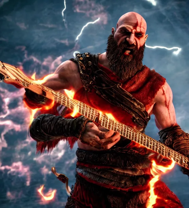 Prompt: screaming kratos shredding on a flaming stratocaster guitar, cinematic render, god of war 2 0 1 8, santa monica studio official media, lightning, stripe over eye
