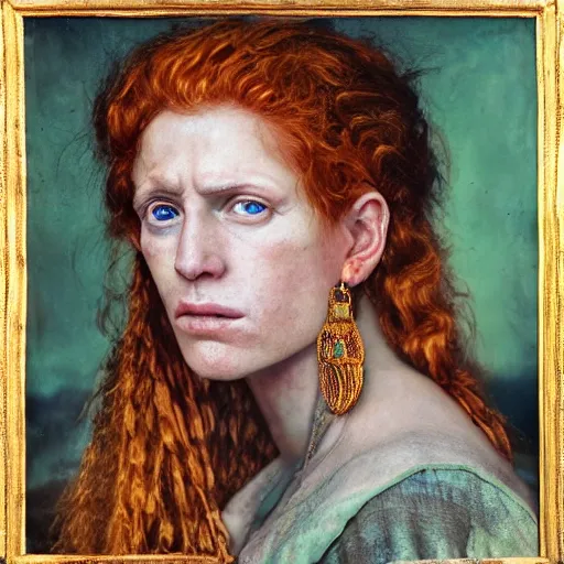 Image similar to Extremely detailed photo realistic matte portrait painting of winking 15th Century Barbary Coast pirate Woman with Ginger hair and Golden hooped earrings photography by Steve McCurry