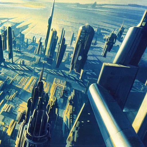 Image similar to aerial view of a science-fiction cityscape, cinematic angle, cinematic lighting, blue sky, sun in the sky, by Syd Mead, John Harris, Federico Pelat