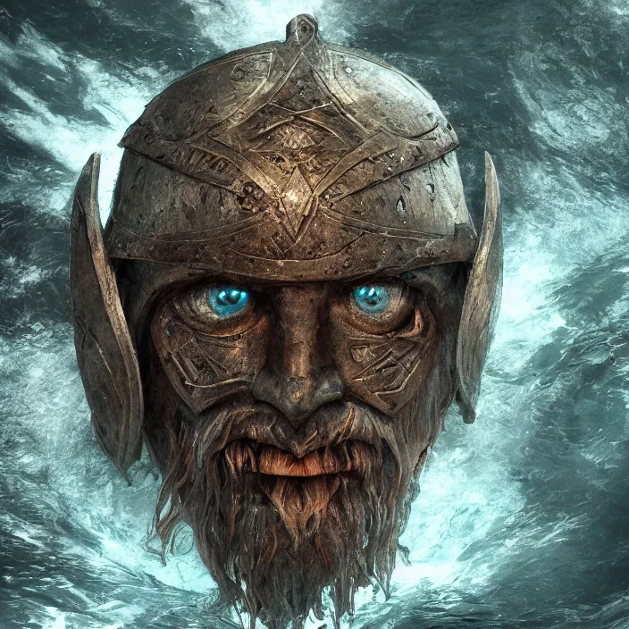 Image similar to viking face rising through water surface seen from above, dark fantasy art, 4k ultra hd, trending on artstation