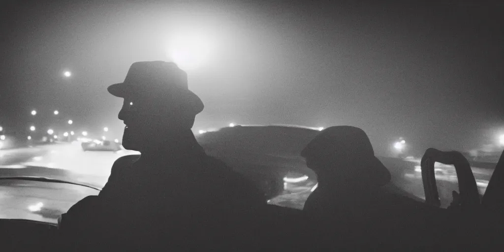 Prompt: a shot from the drivers seat to the passenger, a creepy ghoulish man with a brim had and massive teeth smiling, holding onto a briefcase, 24MM lens, film shot, ISO 800, shallow depth of field, driving at night, foggy