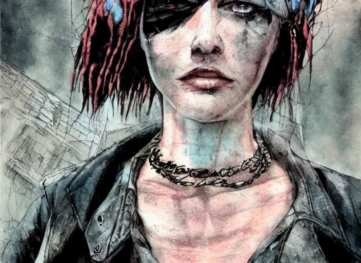 Prompt: rugged, beautiful pale woman by enki bilal,, punk outfit : : urban setting, close - up view : : cinematic headshot