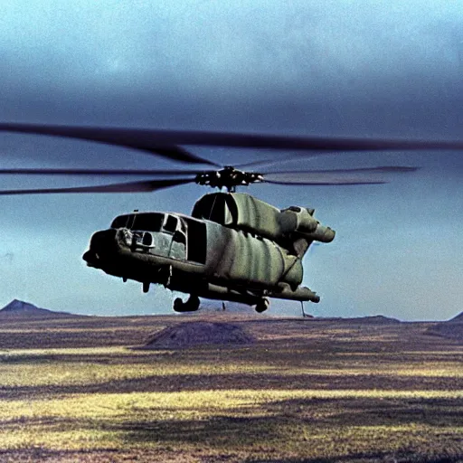 Image similar to film still, bell huey helicopter extreme far view, emma watson vietnam door gunner, film still from apocalypse now ( 1 9 7 9 ), 2 6 mm, kodak ektachrome, blue tint expired film,