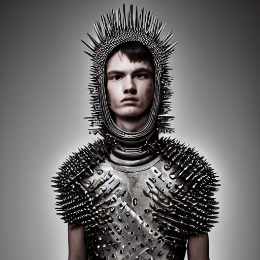 Image similar to a portrait of a beautiful young male wearing an alexander mcqueen armor made of spikes , photographed by andrew thomas huang, artistic