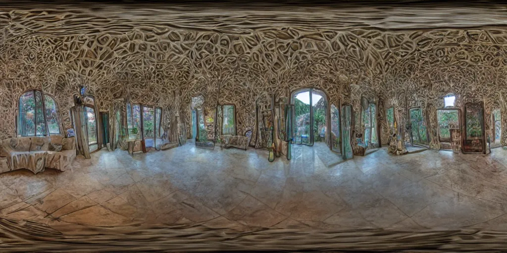 Prompt: equirectangular room by gaudi