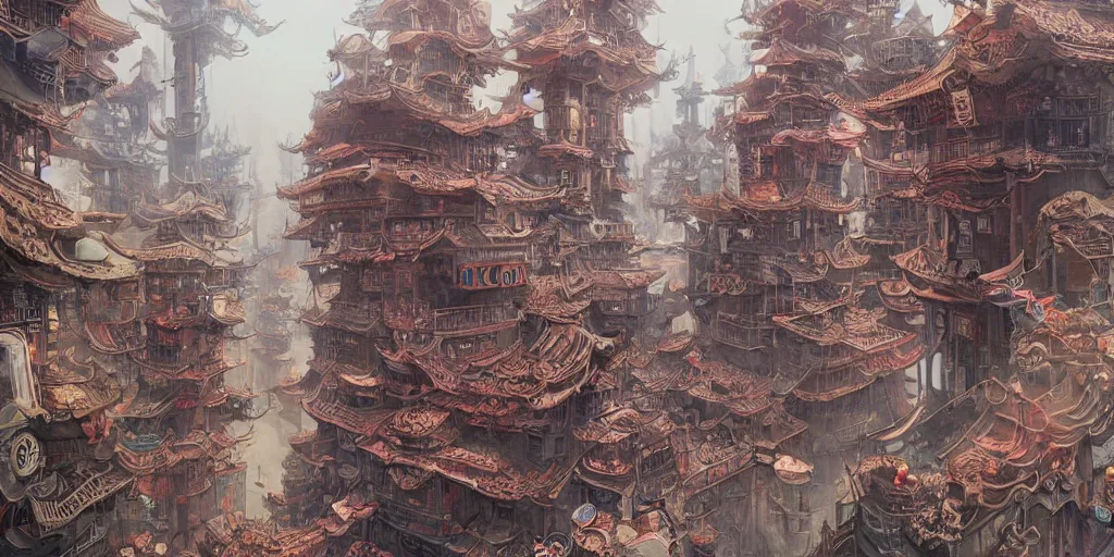 Prompt: a Chinese steampunk city, art by James Jean and Wayne Barlowe, ultra wide angle, trending on artstation