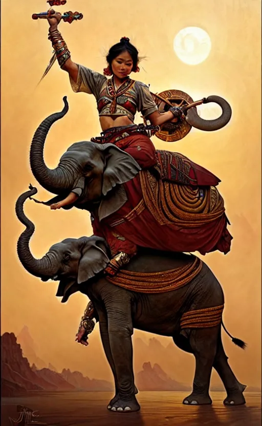 Image similar to magic tribal ethnic asian female, riding a war elephant, gorgeous lighting by weta studio, mucha, bautista and norman rockwell and greg rutkowski and tom bagshaw and james gurney and lucasfilm