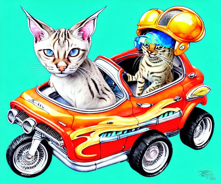 Image similar to cute and funny, lynx point siamese wearing a helmet riding in a hot rod with an oversize engine, ratfink style by ed roth, centered award winning watercolor pen illustration, isometric illustration by chihiro iwasaki, edited by range murata, tiny details by artgerm and watercolor girl, symmetrically isometrically centered, sharply focused