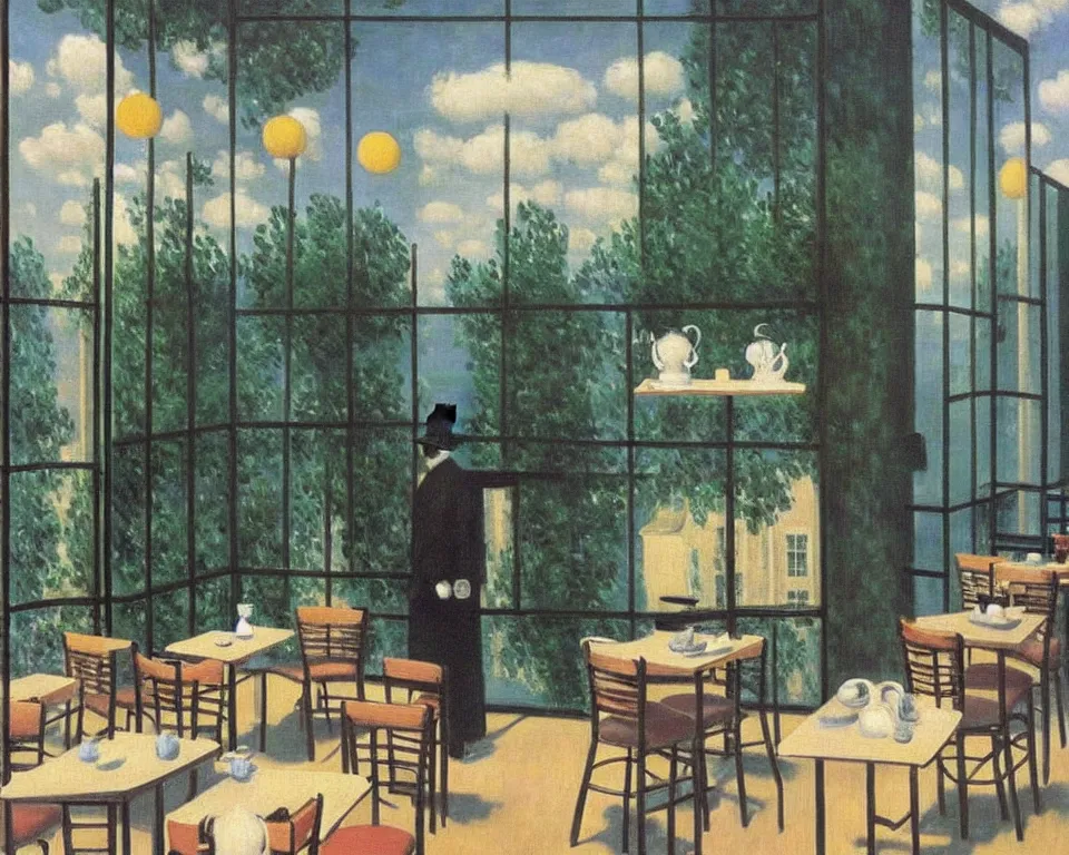 Prompt: achingly beautiful painting of a sophisticated, well - decorated modern cafe by rene magritte, monet, and turner. whimsical.