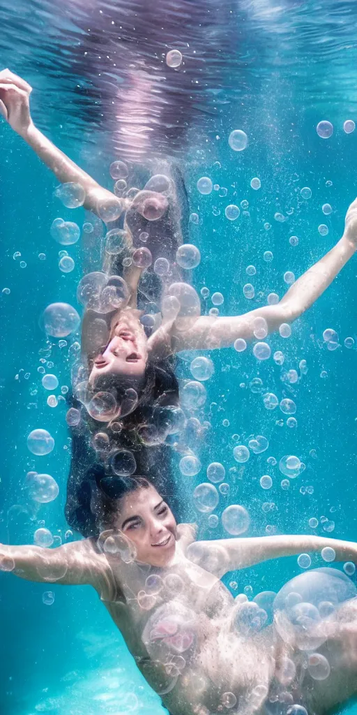 Image similar to a photo of a beautiful young woman floating underwater with bubbles all around