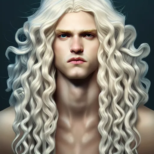 Prompt: Lucius the pale blond androgynous god of the sun, highly detailed, very very very long curly golden blond hair, baroque curls, curtain bangs, central parted fringe, extremely luscious curly blond hair, very very very pale white skin, digital painting, artstation, concept art, soft light, sharp focus, illustration