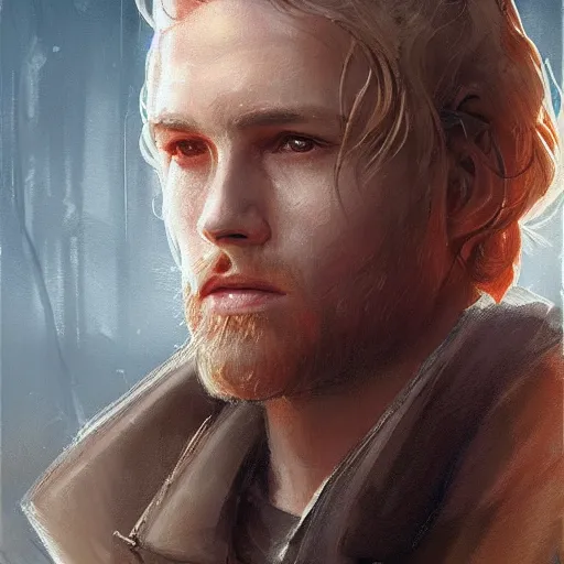 Image similar to portrait of a man by greg rutkowski, cade skywalker, messy blond hair, beard, tall and muscular, star wars expanded universe, he is about 3 0 years old, wearing a flying jacket, highly detailed portrait, digital painting, artstation, concept art, smooth, sharp foccus ilustration, artstation hq