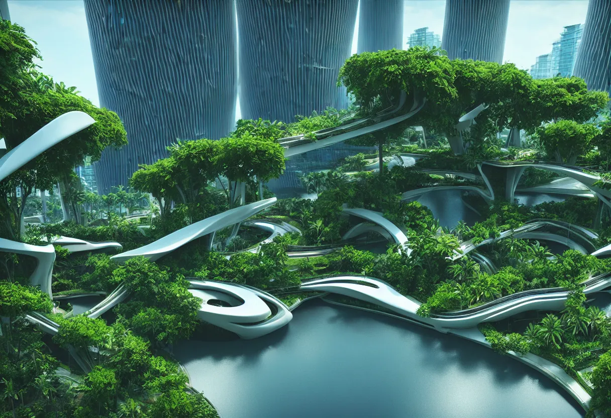 Image similar to futuristic architecture by zaha hadid, multi storey, connecting bridges, covered in lush foliage, surreal, ethereal bohemian garden, middle of gardens, cinematic shot, central square water feature, building inside the water, unreal engine, photorealistic, octane render